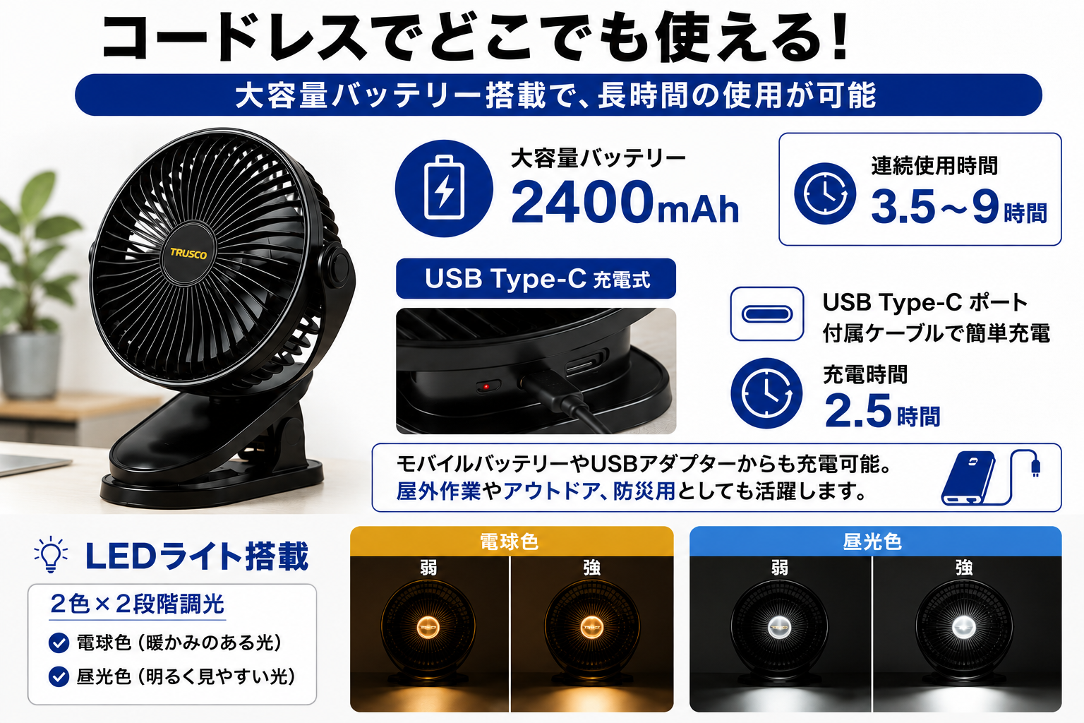 充電式で様々な場所で使用可能